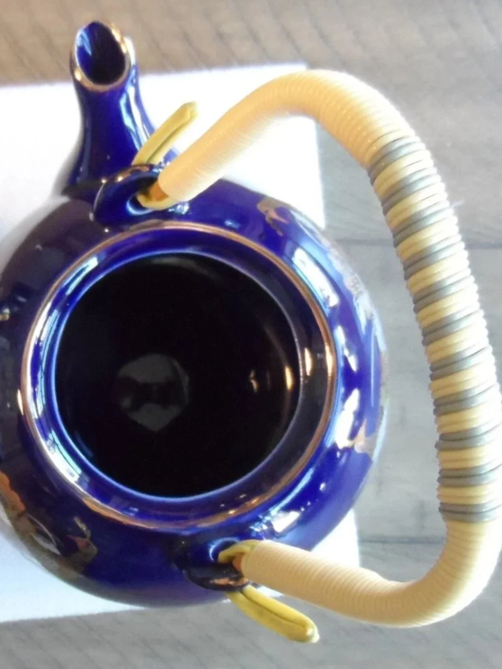 Japanese Cobalt Blue Teapot + 5 Cups Peacock/Floral/Gold Trim Bamboo Handle VTG